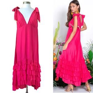 SUNDRESS Maggie Fuchsia Pink Midi Maxi Dress Large Deep V Ruffle Hem Cotton Silk